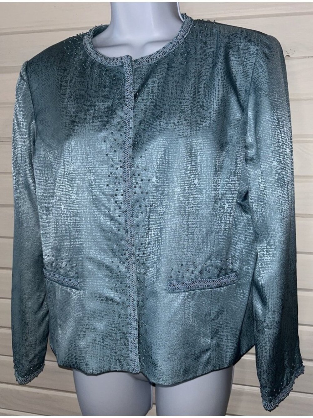VTG Adrianne Papell Sz PETITES 12P Blue 100% Silk Beaded Bolero Jacket Party EUC